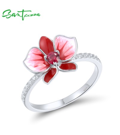 SANTUZZA 925 Sterling Silver Rings White CZ Created Ruby Flower Enamel Jewelry - US 6