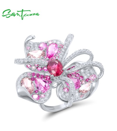 SANTUZZA 925 Sterling Silver Ombre Rings Created Ruby Pink Sapphire Gorgeous Lily Flower Jewelry - US 8
