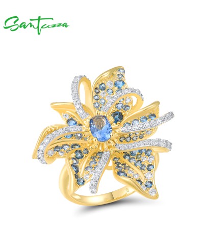 SANTUZZA 925 Sterling Silver Ombre Rings Blue Spinel White Zirconia Lily Flower Jewelry - US 6