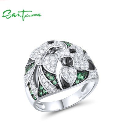 SANTUZZA 925 Sterling Silver Rings Black Green Spinel White CZ Flower Fine Jewelry - US 8