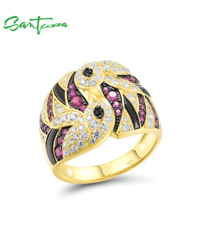 SANTUZZA 925 Sterling Silver Rings Created Ruby White CZ Lovely Birds Jewelry - US 9