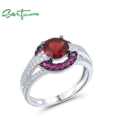 SANTUZZA Silver Rings 925 Sterling Silver Red Stones Solitaire Ring Jewelry - US 6