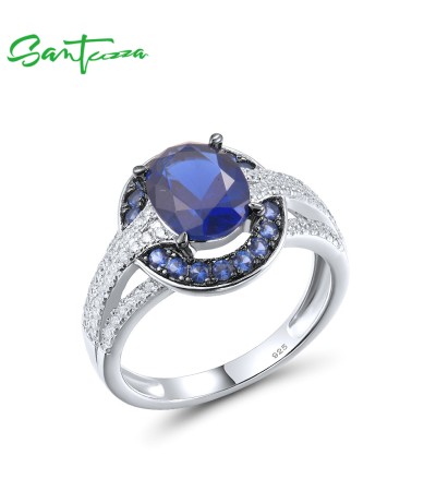 SANTUZZA Silver Rings 925 Sterling Silver Blue Stones White CZ Solitaire Ring Jewelry - US 8