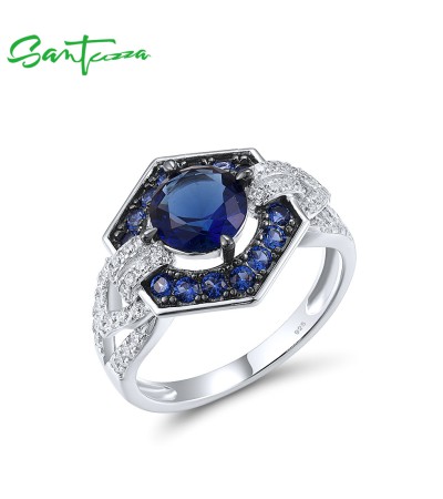 SANTUZZA 925 Sterling Silver Rings Blue Stones White CZ Solitaire Ring Fine Jewelry - US 8
