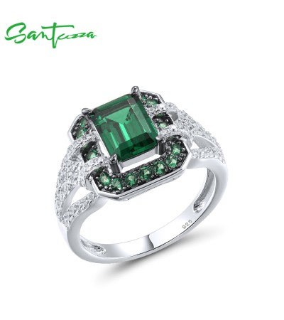SANTUZZA 925 Sterling Silver Rings Green Spinel White CZ Solitaire Ring Jewelry - US 7
