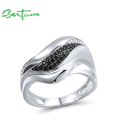 SANTUZZA 925 Sterling Silver Rings Black Spinel White Cubic Zirconia Ring Fine Jewelry - US 7
