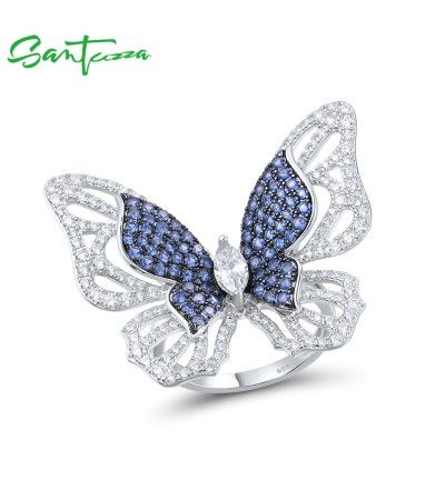 SANTUZZA 925 Sterling Silver Rings Blue Nano/White Cubic Zirconia Butterfly Ring Fine Jewelry - US 7