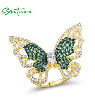 SANTUZZA 925 Sterling Silver Rings Green Spinel White Cubic Zirconia Butterfly Ring Fine Jewelry - US 7