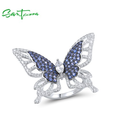 SANTUZZA 925 Sterling Silver Rings Blue Nano/White Cubic Zirconia Butterfly Ring Fine Jewelry - US 8