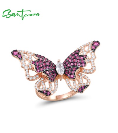 SANTUZZA 925 Sterling Silver Rings Red Stones White Cubic Zirconia Butterfly Ring Fine Jewelry - US 6