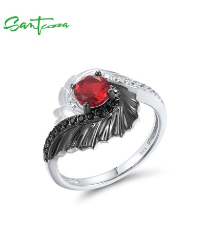 SANTUZZA 925 Sterling Silver Rings Red Black Wings White Cubic Zirconia Fine Jewelry - US 6