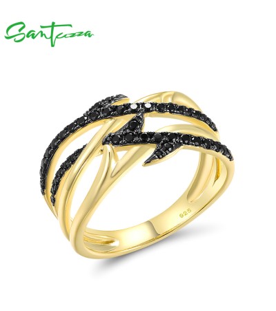 SANTUZZA 925 Sterling Silver Rings Black Spinel Yellow Plated Fine Jewelry - US 8