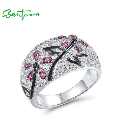 SANTUZZA 925 Sterling Silver Ring Created Ruby Black Spine White Cubic Zirconia Jewelry - US 6