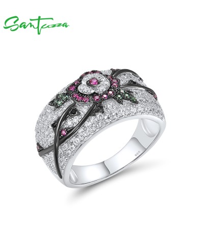 SANTUZZA 925 Sterling Silver Ring Red Green Spinel Cubic Zirconia Sweet Flower Jewelry - US 6