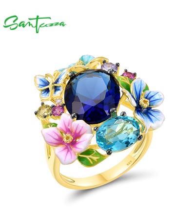 SANTUZZA 925 Sterling Silver Rings Colorful Enamel Flower Blue Stone  Fine Jewelry - US 10