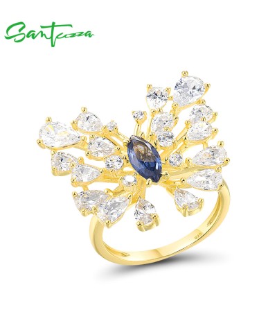 SANTUZZA 925 Sterling Silver Ring Blue Spinel White CZ Butterfly Jewelry - US 8