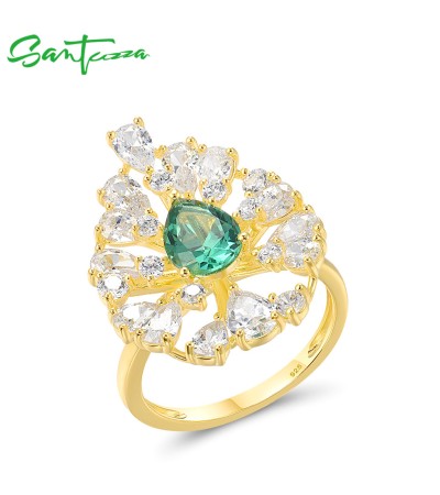 SANTUZZA 925 Sterling Silver Ring Green Spinel White CZ Cluster Jewelry - US 6