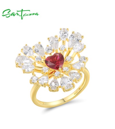 SANTUZZA 925 Sterling Silver Ring White CZ Red Heart Jewelry - US 7