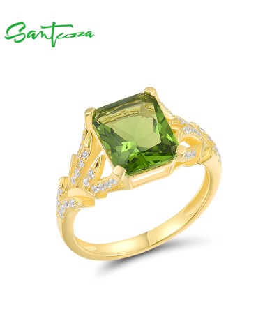 SANTUZZA 925 Sterling Silver Ring Green Glass White Cubic Zirconia Yellow Plated Fine Jewelry - US 6