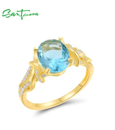 SANTUZZA 925 Sterling Silver Ring Blue Glass White Cubic Zirconia Yellow Plated Fine Jewelry - US 9
