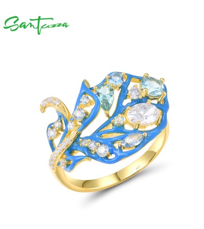 SANTUZZA 925 Sterling Silver Enamel Leaf Ring White CZ Green/Blue Spinel Fine Jewelry - US 8