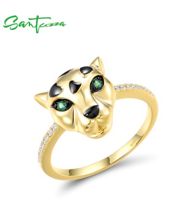 SANTUZZA 925 Sterling Silver Ring Green Spinel White CZ Gold Plated Leopard Fine Jewelry - US 7