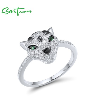 SANTUZZA 925 Sterling Silver Ring Green Spinel White Cubic Zirconia Leopard Animal Jewelry - US 6
