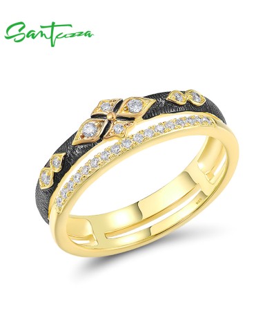 SANTUZZA 925 Sterling Silver Ring White Cubic Zirconia Yellow Black Plating Luxury Jewelry - US 6