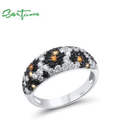 SANTUZZA 925 Sterling Silver Ring White CZ Black Spinel Yellow Nano CZ Animal Print Fine Jewelry - US 7