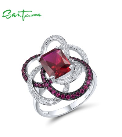 SANTUZZA 925 Sterling Silver Ring White CZ Created Red Ruby Flora Fine Jewelry - US 6
