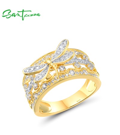 SANTUZZA 925 Sterling Silver Rings White Cubic Zircon Dragonfly Fine Jewelry - US 6