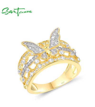 SANTUZZA 925 Sterling Silver Ring White Cubic Zircon Butterfly Fine Jewelry - US 7