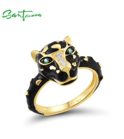 SANTUZZA 925 Sterling Silver Black Leopard Ring Green Spinel White CZ Animal Jewelry Enamel - US 8