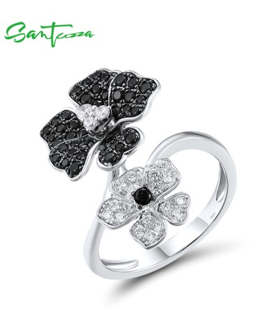 SANTUZZ 925 Sterling Silver Rings For Women Black Spinel White Cubic Zirconia Flower Jewelry - US 8