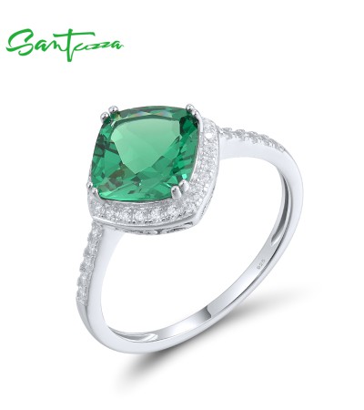 SANTUZZA 925 Sterling Silver Ring For Women White Cubic Zirconia Green Spinel Fine Jewelry - Green Stones/Silver Color/US 8