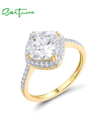 SANTUZZA 925 Sterling Silver Ring For Women White Cubic Zirconia Green Spinel Fine Jewelry - White Stones/Yellow Gold Plating/US 8