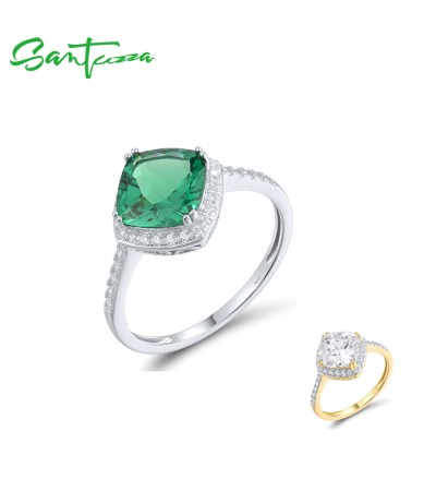 SANTUZZA 925 Sterling Silver Ring For Women White Cubic Zirconia Green Spinel Fine Jewelry - White Stones/Yellow Gold Plating/US 6