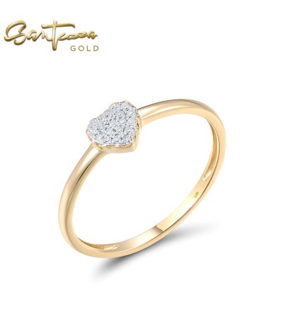 SANTUZZA 14K 585 Yellow Gold Ring Sparkling Diamond Heart Simple Elegant Fine Jewelry - US 6.5