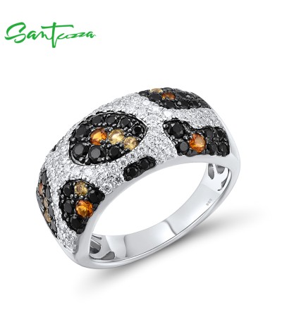 SANTUZZA 925 Sterling Silver Rings Black Yellow White CZ Leopard Skin Jewelry - US 10