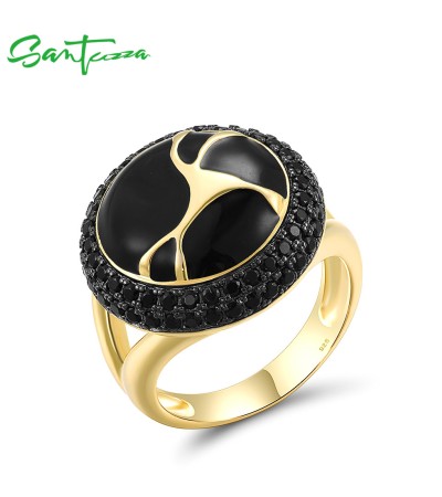 SANTUZZA 925 Sterling Silver Oriental Ring Black Spinel Antique Look Enamel Jewelry - US 10