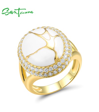 SANTUZZA 925 Sterling Silver Oriental Ring White Cubic Zirconia Enamel Fine Jewelry - US 6