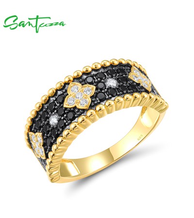 SANTUZZA Pure 925 Sterling Silver Ring For Women Sparkling Black Spinel White CZ Flower Antique Look Delicate Cute Fine Jewelry - US 9