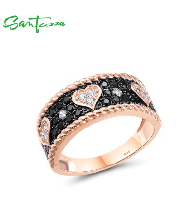 SANTUZZA 925 Sterling Silver Ring Black Spinel White CZ Rose Heart Jewelry - US 9