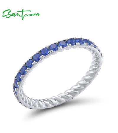 SANTUZZA 925 Sterling Silver Rings Blue Nano Cubic Zirconia Stackable Ring Fine Jewelry - US 5