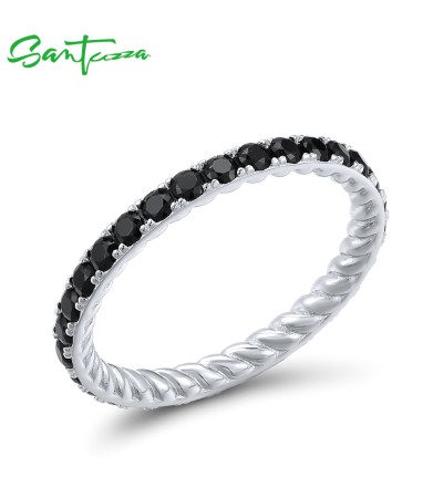 SANTUZZA 925 Sterling Silver Rings Black Spinel Stackable Ring Fine Jewelry - US 8