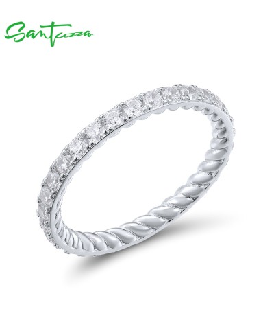 SANTUZZA 925 Sterling Silver Rings For Women White Cubic Zirconia Stackable Eternity Fine Jewelry - Silver Color/US 6