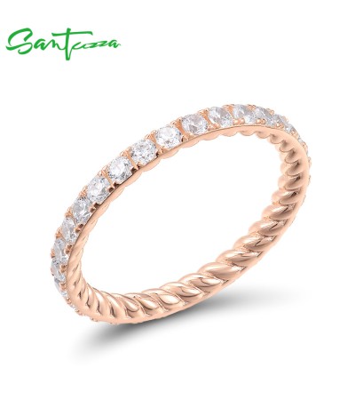 SANTUZZA 925 Sterling Silver Rings For Women White Cubic Zirconia Stackable Eternity Fine Jewelry - Rose Gold Plating/US 5