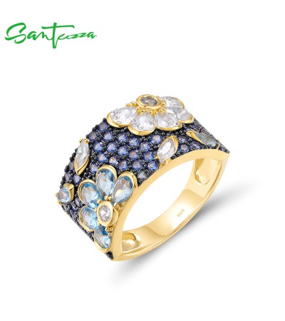 SANTUZZA Genuine 925 Sterling Silver Ring Sparkling Blue Spinel Colorful Flower Jewelry - US 7.5