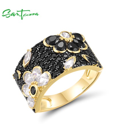 SANTUZZA 925 Sterling Silver Ring  Black Spinel White CZ Chic Flower Fine Jewelry - US 6