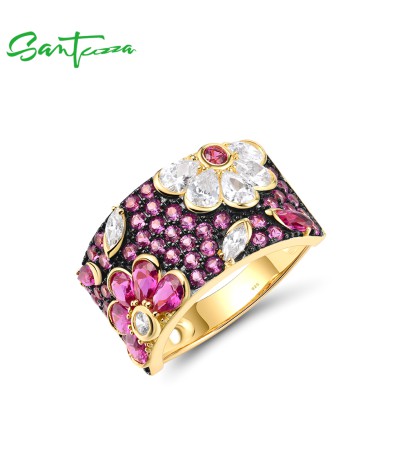 SANTUZZA Genuine 925 Sterling Silver Ring Sparkling Pink Spinel Colorful Flower Jewelry - US 10